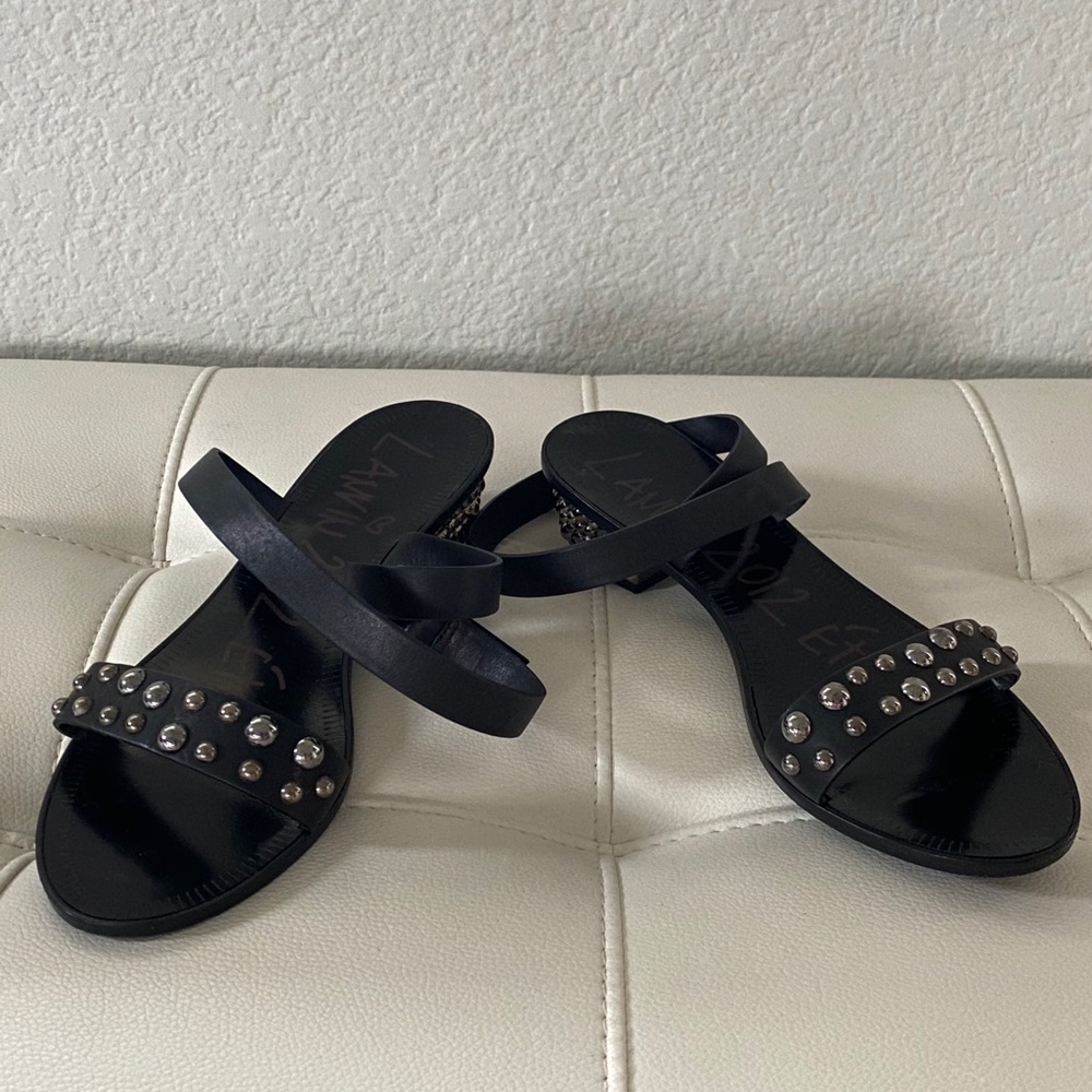 LANVIN Blk Studded LowHeel Ankle Wrap Sandals 37.5 - Picture 4 of 5